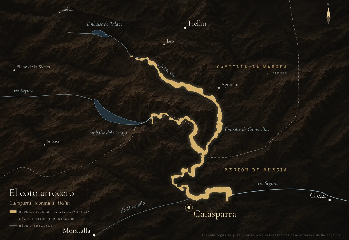 Mapa del coto arrocero de Calasparra a lo largo de los ríos Mundo y Segura, entre Hellín, Moratalla y Calasparra, con el límite entre Castilla-La Mancha y la Región de Murcia
